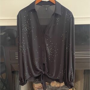 White House Black Market Button-Front, Tie Hem Blouse, Sparkle Accents, Size S